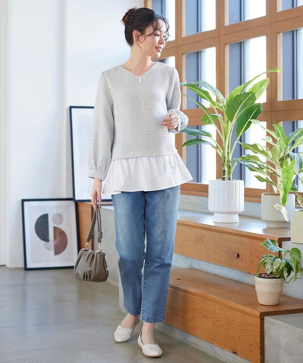 Tiaclasse ツイードコンビフレアチュニック サックス