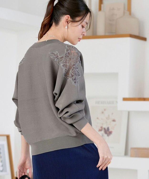 Tiaclasse 肩レースドルマンニットトップス グレー