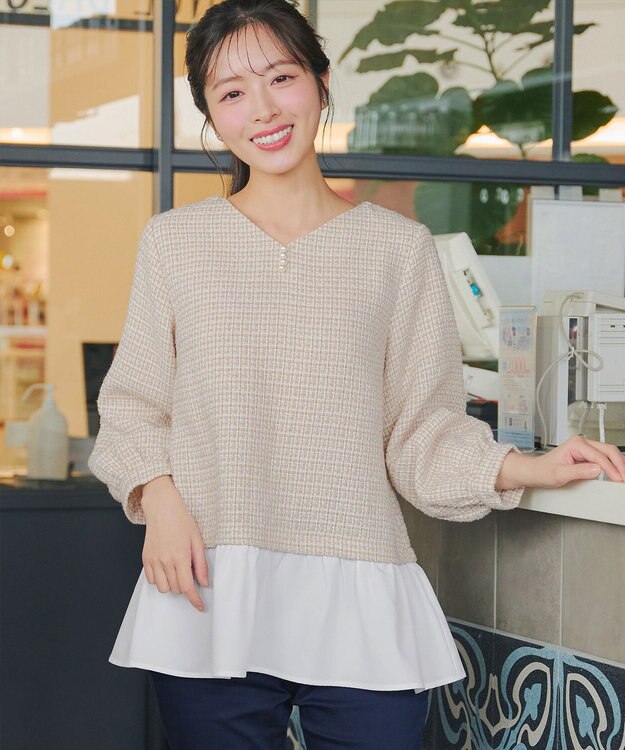 Tiaclasse ツイードコンビフレアチュニック ベージュ