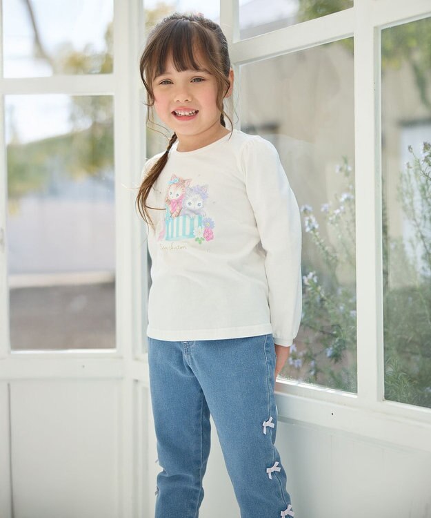 ANY KIDS ガーリーアート 長袖Tシャツ オフホワイト（ネコ）