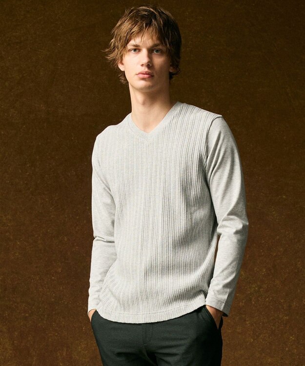 JOSEPH ABBOUD 【キングサイズ・ビジカジ】ストライプリンクス VネックＴシャツ ライトグレー系