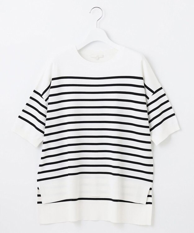 自由区 S 【接触冷感・UVカット・WEB限定カラーあり】クレープストレッチプルオーバー ニット [WEB限定]オフ×ブラックボーダー