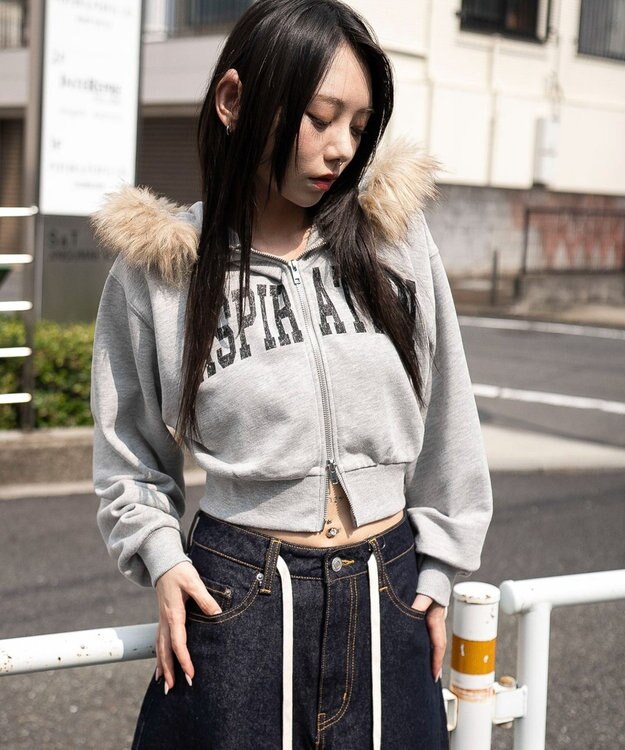 WEGO ファーフードショートZIPパーカー 杢グレー