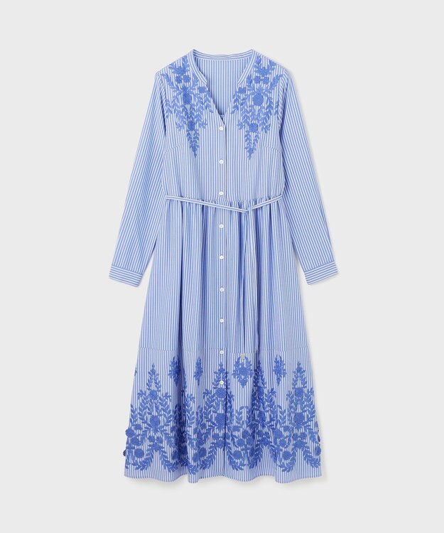 GRACE CONTINENTAL ストライプ刺繍ワンピース ブルー