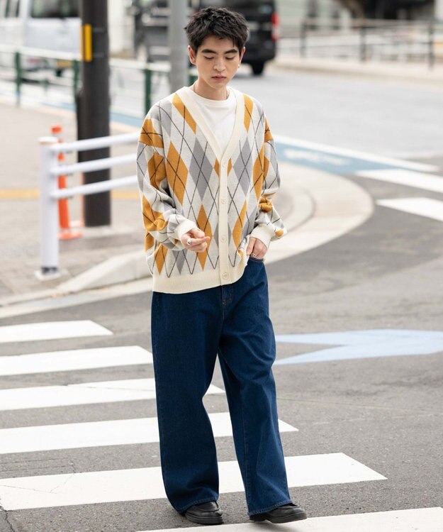 WEGO リラックスフィットパターンカーディガン ホワイトチェック1