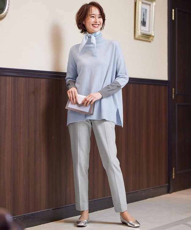 自由区 【XSサイズ～/洗える】TRギャバ ストライプ テーパードパンツ ライトグレー系1