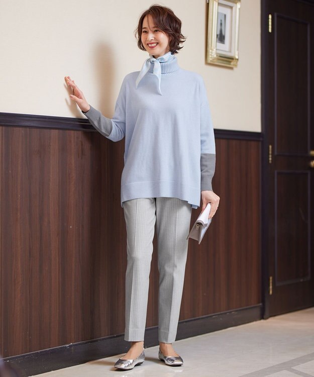 自由区 【XSサイズ～/洗える】TRギャバ ストライプ テーパードパンツ ライトグレー系1