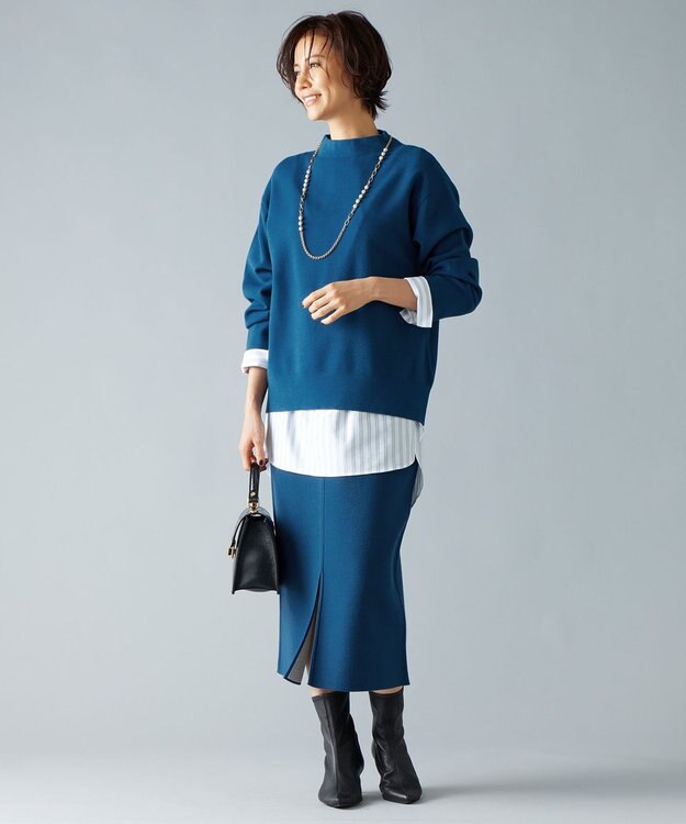 自由区 【洗える】ストレッチシャーティングスタンドカラーストライプ ブラウス サックスブルー系1