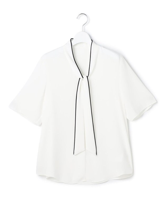 ICB L 【新色追加】BackSatinAmunzen 5分袖配色ボウタイブラウス オフホワイト