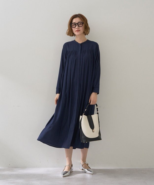 YECCA VECCA ベルト付きギャザーワンピース Navy