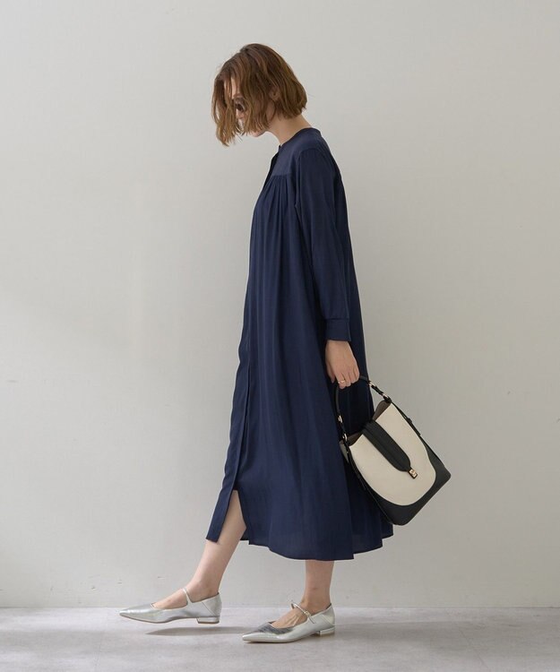 YECCA VECCA ベルト付きギャザーワンピース Navy