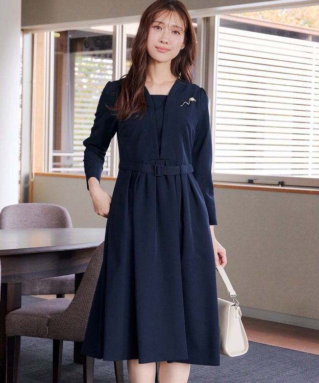 Tiaclasse L 【ダブルクロス・洗える】 ナローVネックワンピース ネイビー