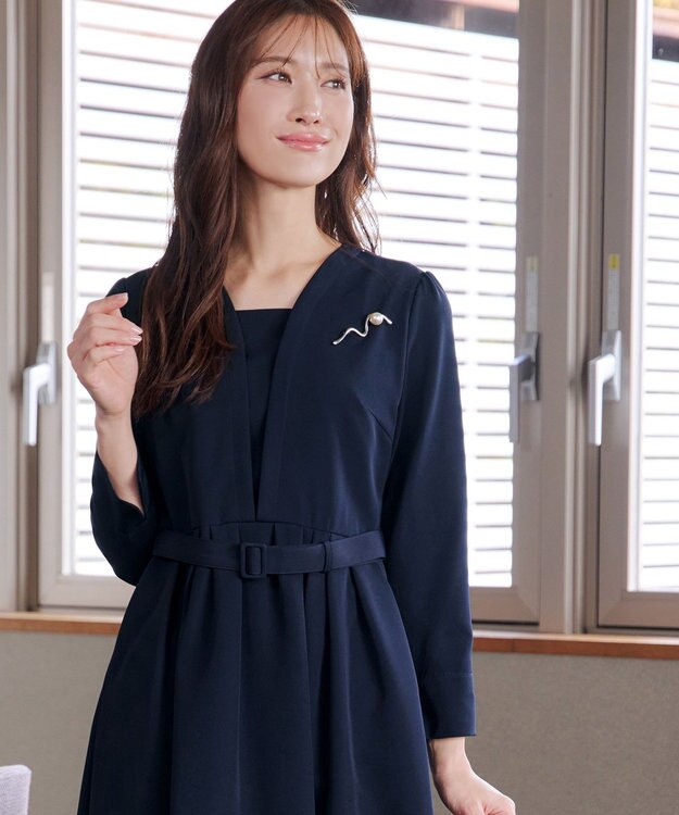 Tiaclasse L 【ダブルクロス・洗える】 ナローVネックワンピース ネイビー