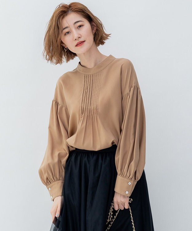 23区 L 【洗える】キュアセルツイル ピンタック ブラウス キャメル系