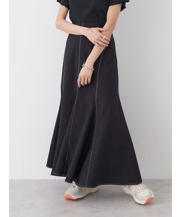 earth music&ecology 配色ステッチパネルフレアスカート Black