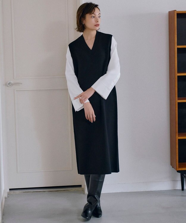 ICB L 【洗える】 クロスコンビ ニットワンピース ブラック系