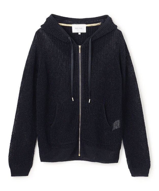 BEIGE， OPTICAL / ペーパーヤーンフーディージップニット Navy