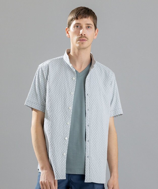 JOSEPH HOMME トライジャガードストレッチ   ウイングカラー半袖シャツ ピーコックグリーン系
