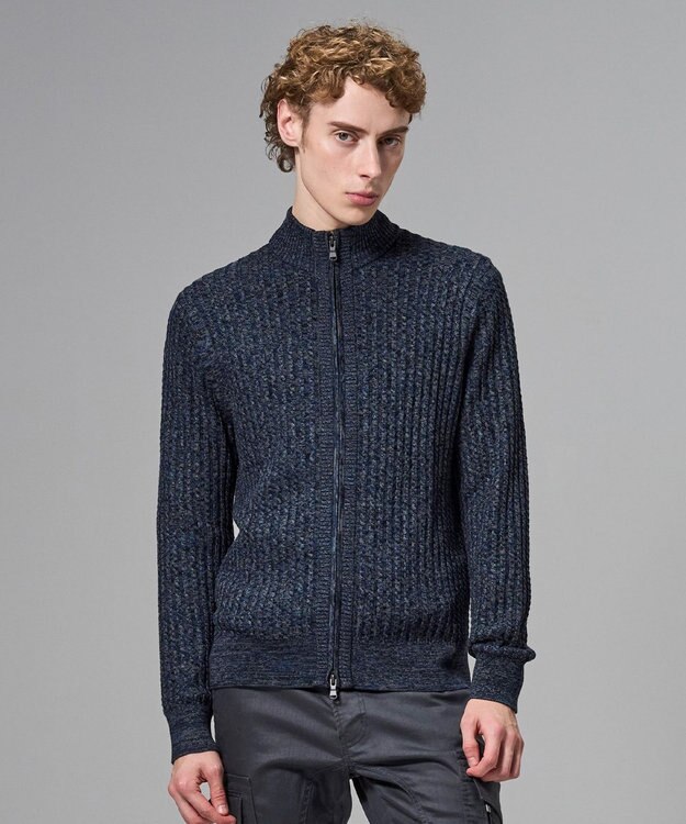 JOSEPH HOMME 【新柄】シルクバルキー　ハイネックジップアップニット ネイビー系