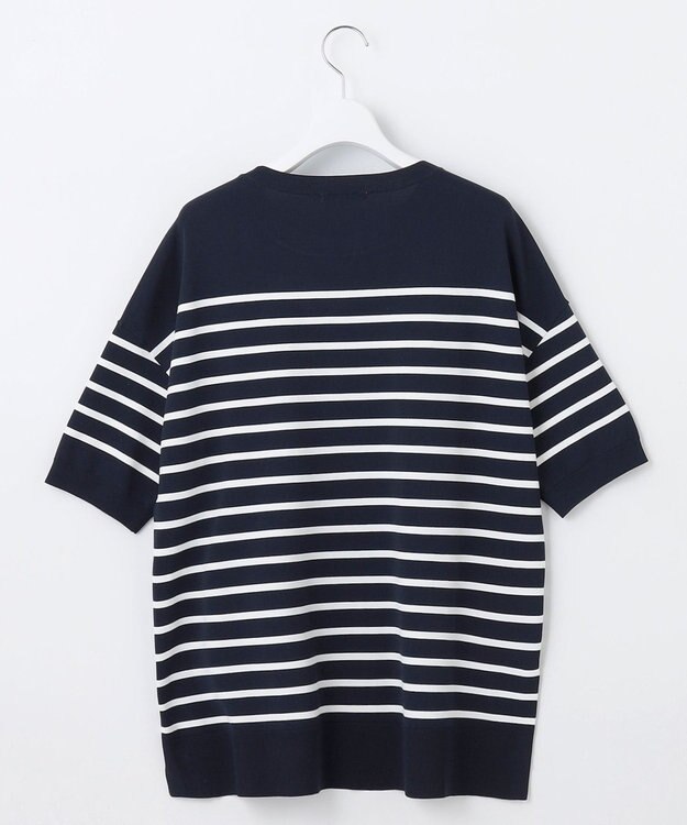 自由区 【接触冷感・UVカット・WEB限定カラーあり】クレープストレッチプルオーバー ニット ネイビー×オフボーダー