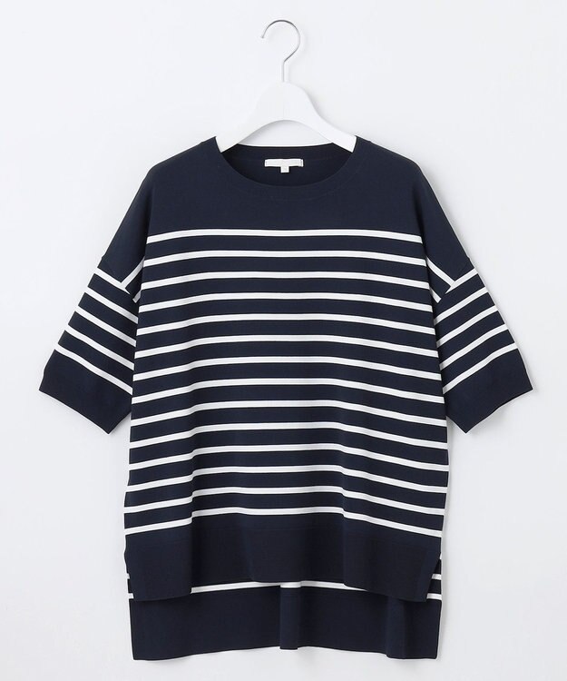 自由区 【接触冷感・UVカット・WEB限定カラーあり】クレープストレッチプルオーバー ニット ネイビー×オフボーダー