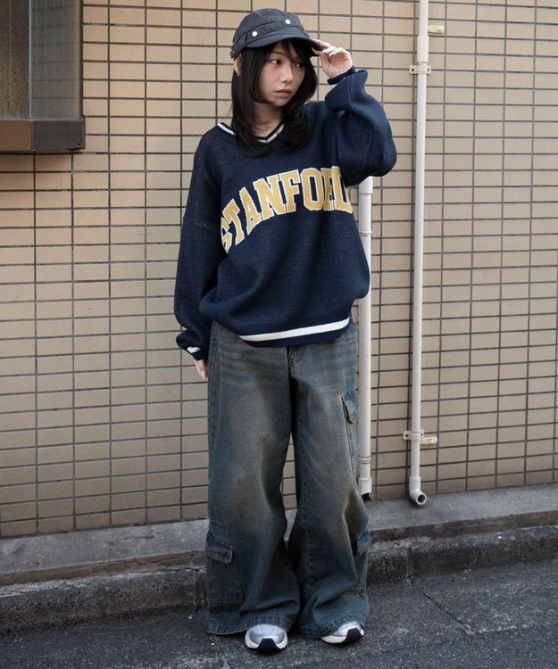 WEGO VネックグラフィックニットBIGプルオーバー ネイビー