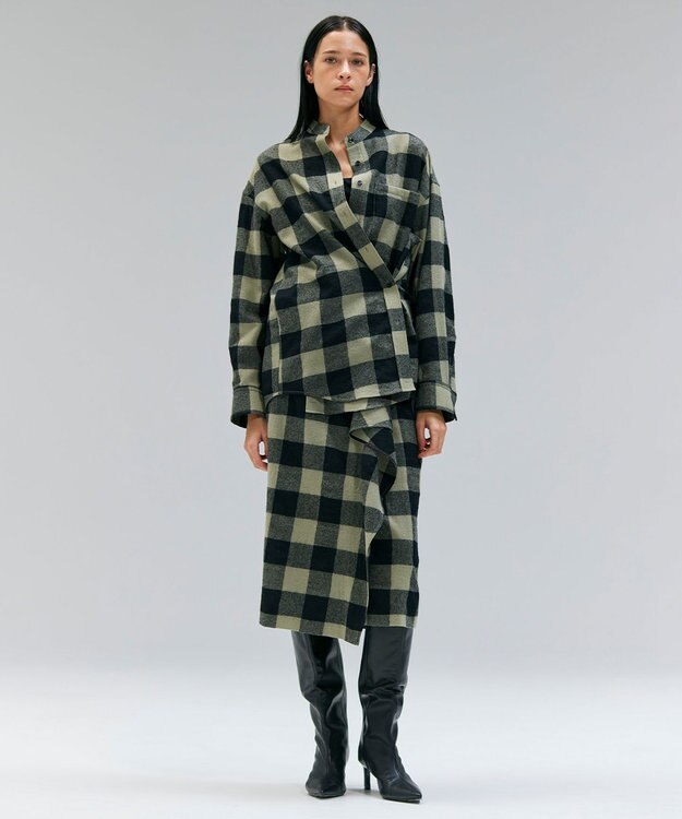 BEIGE， HOBBS / ウールチェックカシュクールブラウス L.Khaki × Black