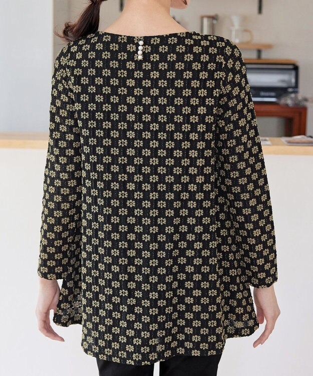 Tiaclasse L 花柄カットレースフレアトップス ブラック×ベージュ