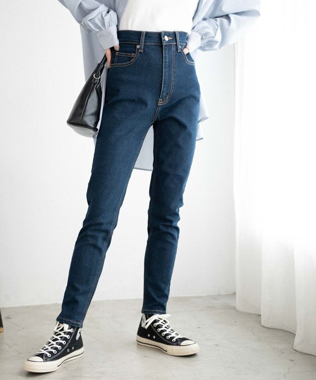 WEGO ハイウエストストレッチスキニーパンツ デニム濃色