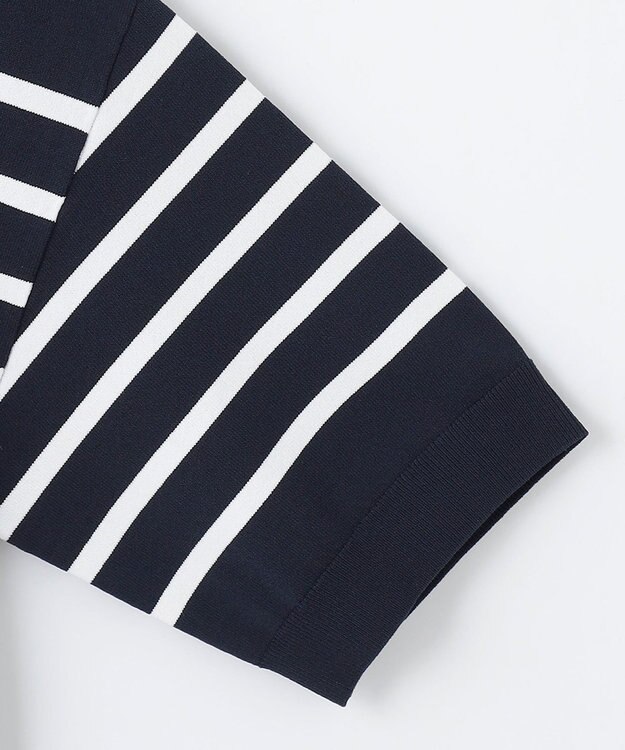 自由区 【接触冷感・UVカット・WEB限定カラーあり】クレープストレッチプルオーバー ニット ネイビー×オフボーダー