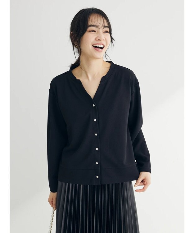 Green Parks カットジョーゼットドットボタンカーディガン Black