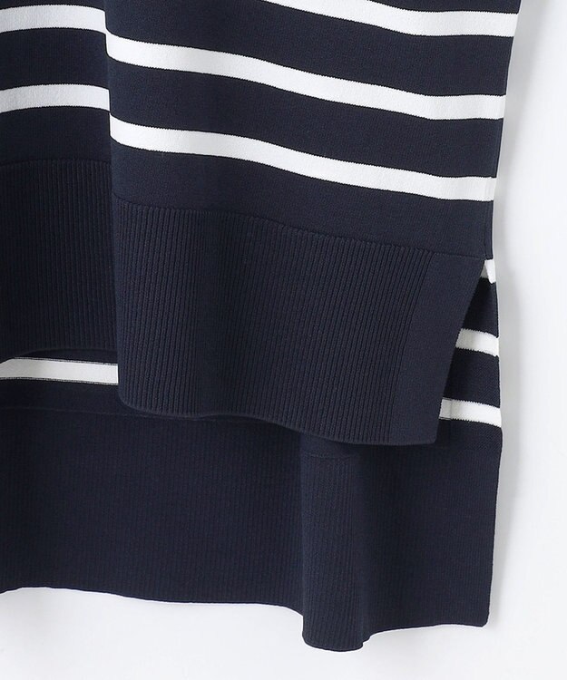 自由区 【接触冷感・UVカット・WEB限定カラーあり】クレープストレッチプルオーバー ニット ネイビー×オフボーダー