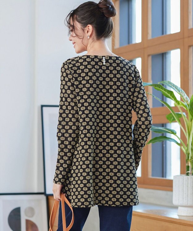 Tiaclasse L 花柄カットレースフレアトップス ブラック×ベージュ