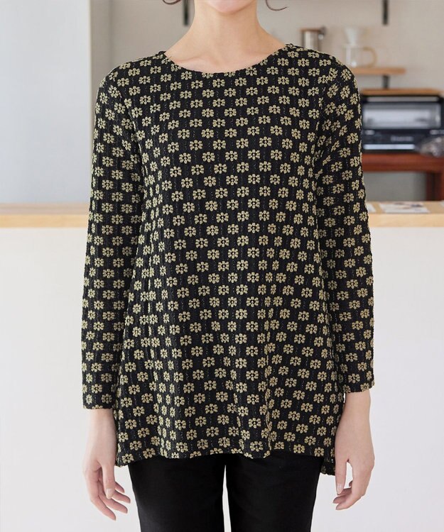 Tiaclasse L 花柄カットレースフレアトップス ブラック×ベージュ