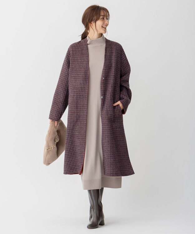 自由区 【リバーシブル】ウールリバー ノーカラーロングコート レッド系