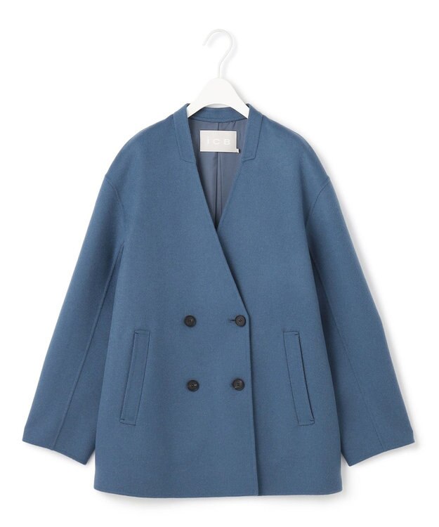 ICB WoolRever ノーカラーショートコート ブルーグレー系