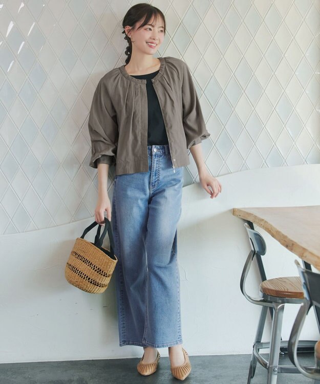 Tiaclasse L 麻調襟ギャザーシアーブルゾン モカ