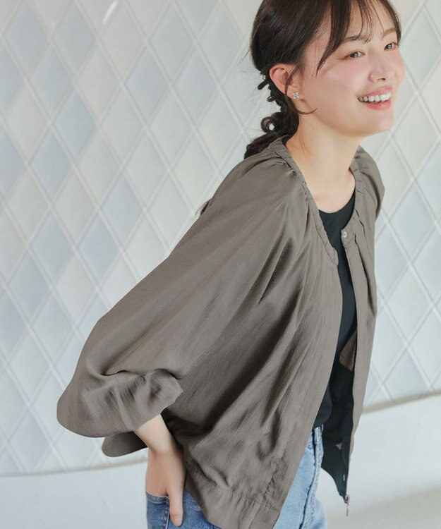 Tiaclasse L 麻調襟ギャザーシアーブルゾン モカ