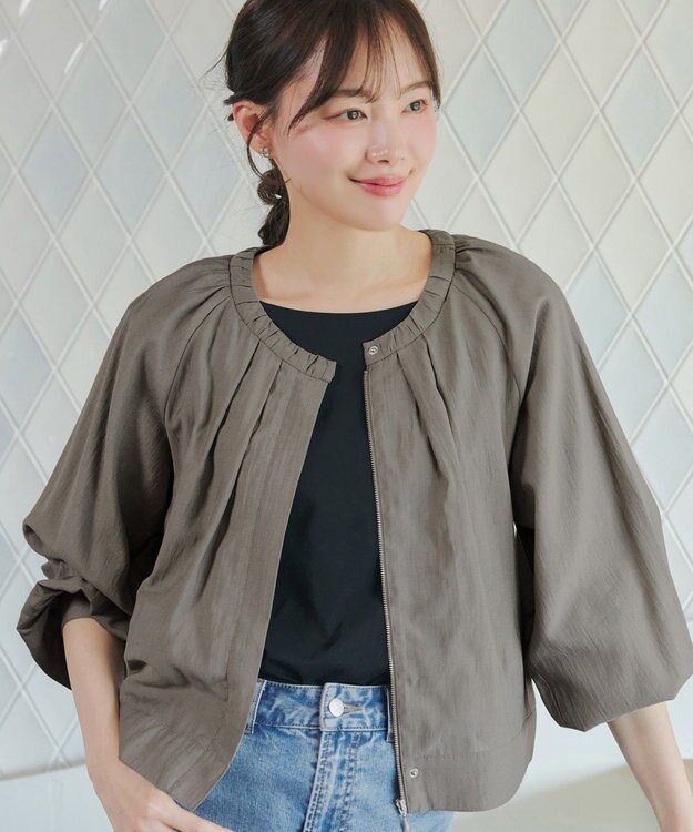 Tiaclasse L 麻調襟ギャザーシアーブルゾン モカ