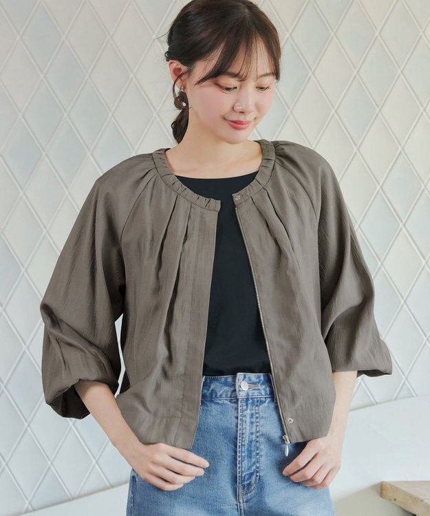 Tiaclasse L 麻調襟ギャザーシアーブルゾン モカ