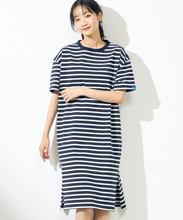 SHARE PARK LADIES 【UVカット】ボーダーロゴ半袖カットワンピース ホワイト系1