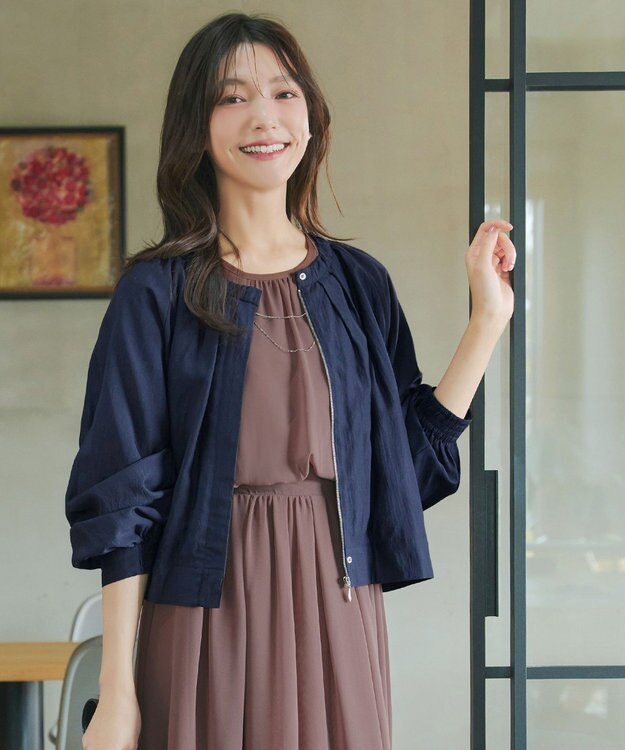 Tiaclasse L 麻調襟ギャザーシアーブルゾン ネイビー