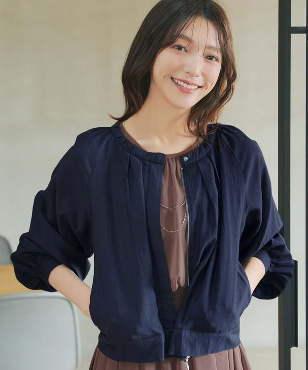 Tiaclasse L 麻調襟ギャザーシアーブルゾン ネイビー