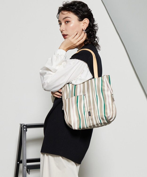 Y'SACCS 【ムック本掲載】ドローイングストライプ　ミニトートバッグ グレージュ