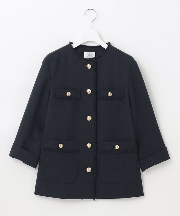 J.PRESS LADIES ナチュラルツイードストレッチ ノーカラー ジャケット ネイビー系