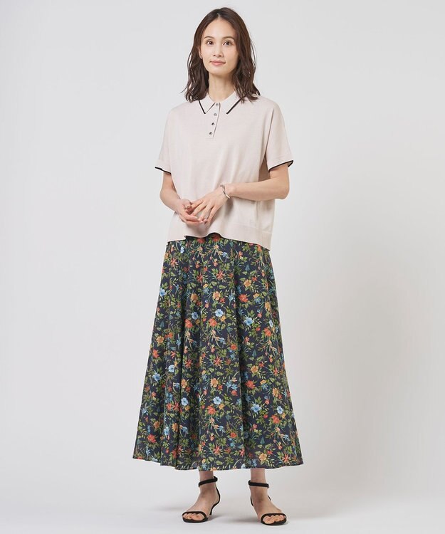 J.PRESS LADIES S スパンボタニカル プリント ロング フレア スカート ネイビー系
