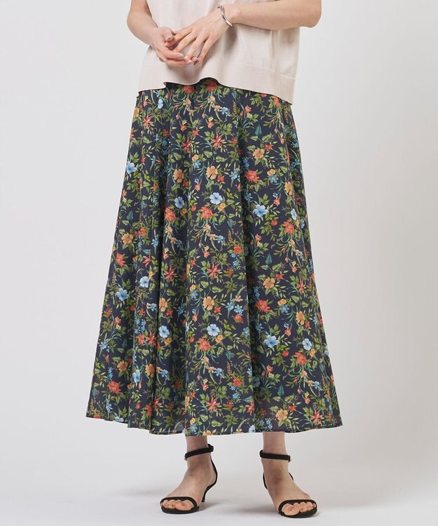 J.PRESS LADIES S スパンボタニカル プリント ロング フレア スカート ネイビー系