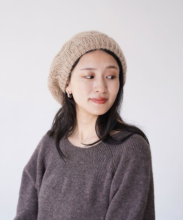 石田製帽 モヘアケーブルニット ベレー帽 ベージュ