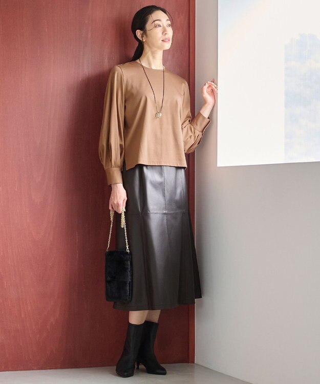 自由区 L 【洗える】ハイカウントパフスリーブ カットソー ブラウン系