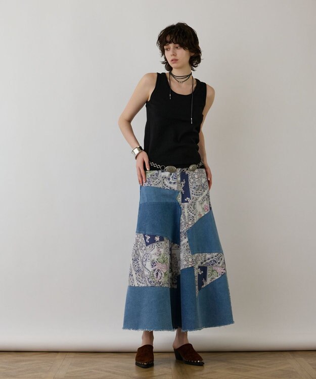 GRACE CONTINENTAL スカーフコンビデニムスカート ネイビー